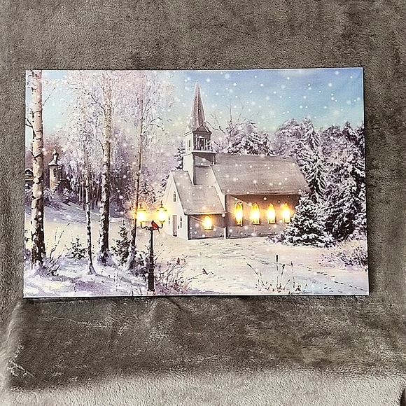 Lighted canvas wall print. Beautiful church on a snowy day. - Picture 8 of 10